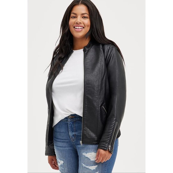 torrid Jackets & Blazers - Torrid Faux Leather Moto Jacket Stand Collar Biker Full Zipper Deep Black Silver